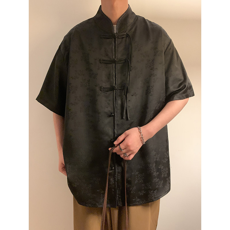新中式G风盘扣小众树叶提花透气冰丝短袖衬衫男CS52-P68控88,男装T恤,电商A005-1