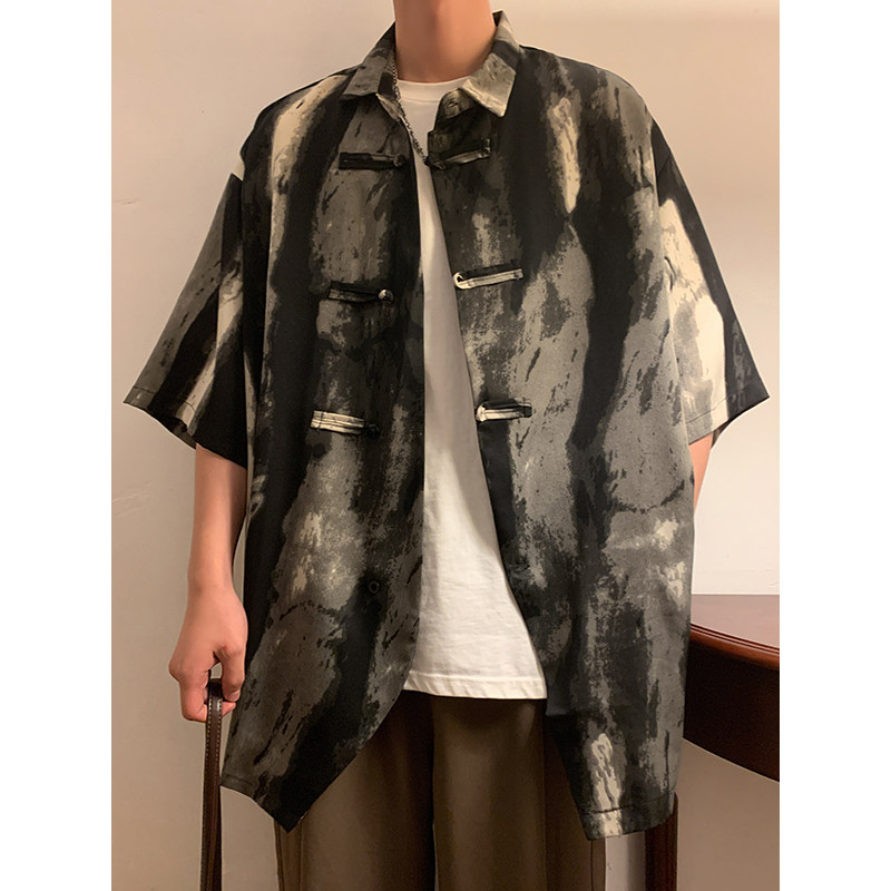 新中式风G冰丝水墨扎染渐变条纹盘扣小众衬衫t恤男CS31-P65控88图片