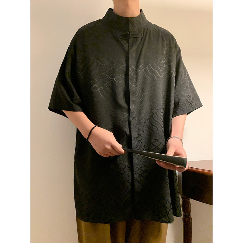 风A新中式缎面提花云海暗纹立领盘扣短袖冰丝衬衫CS70-P70控98,男装衬衫,电商A005-1