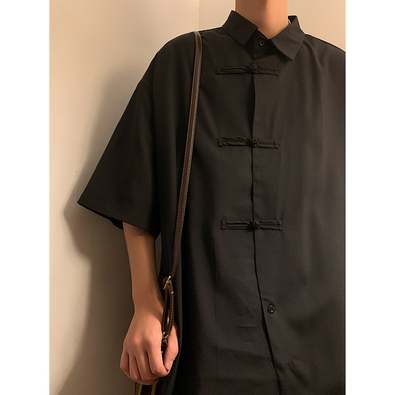小众设计B新中式风暗黑盘扣短袖冰丝衬衫t恤男CS06-P55控78,男装T恤,电商A005-1