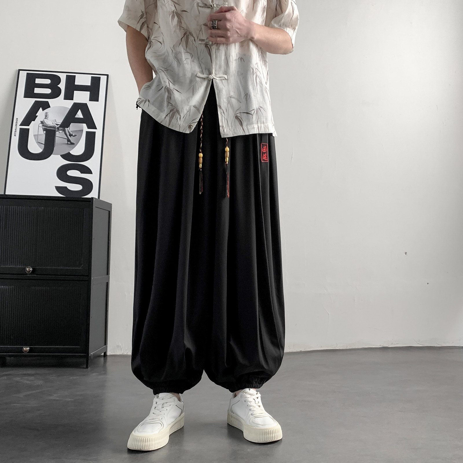 超大码8XL冰丝刺绣九分裤男大桶裤宽松长裤萝卜裤K265-P65控88，男装休闲裤，电商A005-1