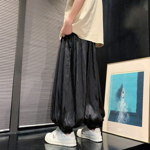 新中式A冰丝树叶暗花九分裤男大桶宽松长裤萝卜裤K171-P65控88图片