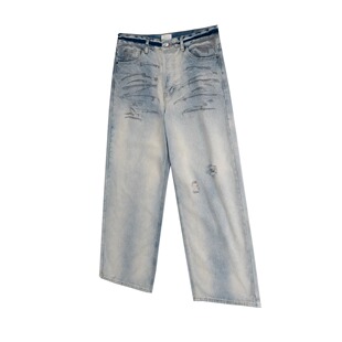 AC风格1981M破洞猫须印花浅蓝色长裤男女同款休闲通勤牛仔裤