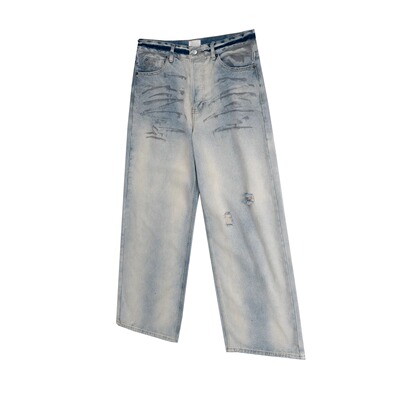 AC风格1981M破洞猫须印花浅蓝色长裤男女同款休闲通勤牛仔裤