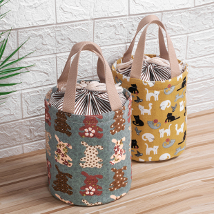 日式手提袋保温饭盒袋午餐包便当包帆布带饭学生圆桶保温桶圆形
