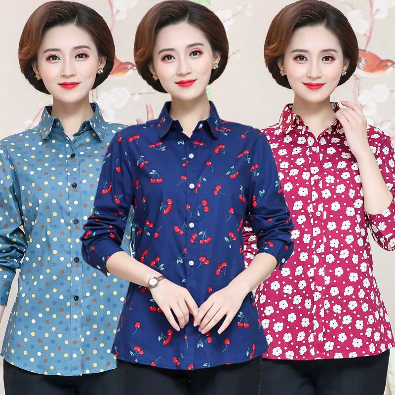 Mom mùa xuân và mùa thu áo sơ mi cotton mỏng dài tay phụ nữ trung niên và cao tuổi áo sơ mi in cotton dài tay áo cardigan - Áo sơ mi dài tay