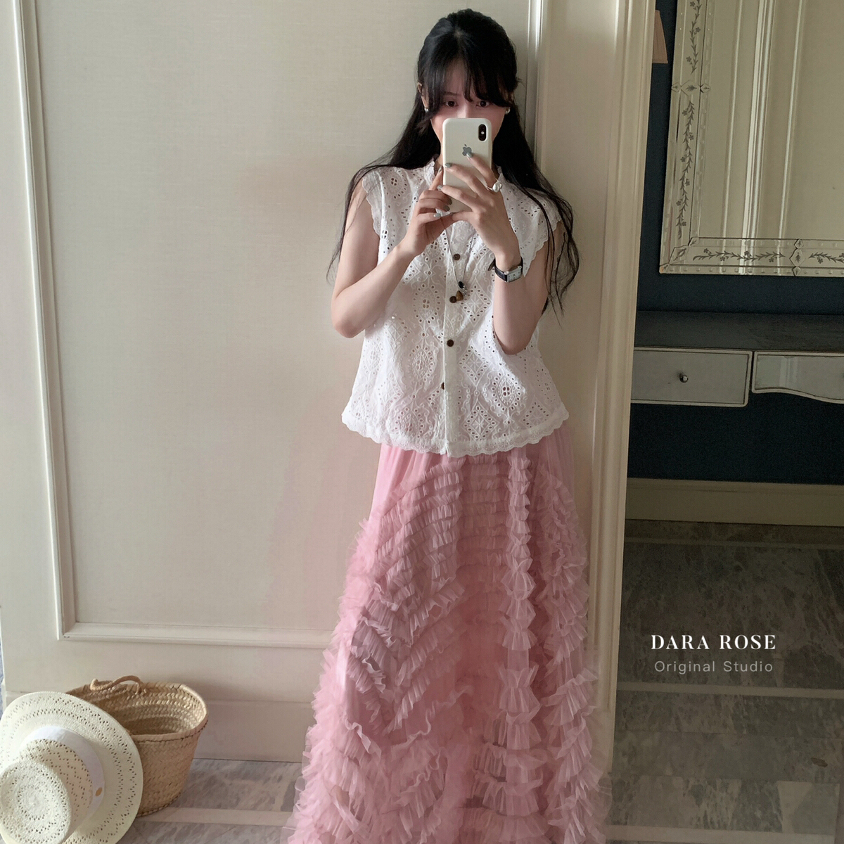 DARA ROSE-仙韩系温柔粉大摆松紧腰A字裙纱裙仙气长裙半身裙S5786