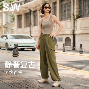 SW简约复古工宽松阔腿工装裤女休闲薄款街舞裤潮牌拖地长裤夏季