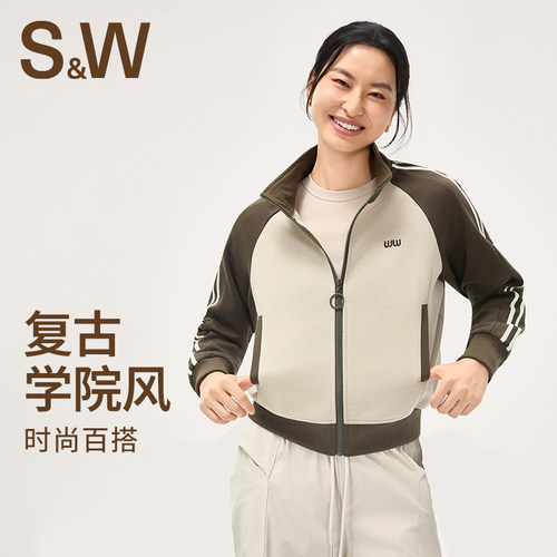 SW速惟运动休闲外套女美式复古撞色立领开衫无帽卫衣夹克2025新款