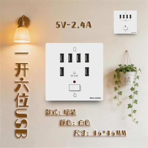86型暗装多位USB充电插座带开关