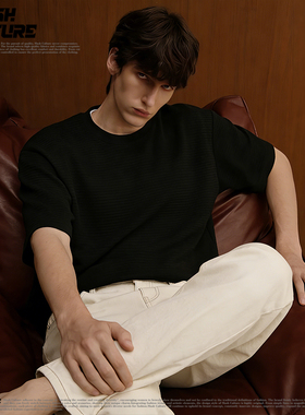 SLASH 黑色肌理感短袖T恤男士夏季2026新款宽松休闲通勤百搭上衣