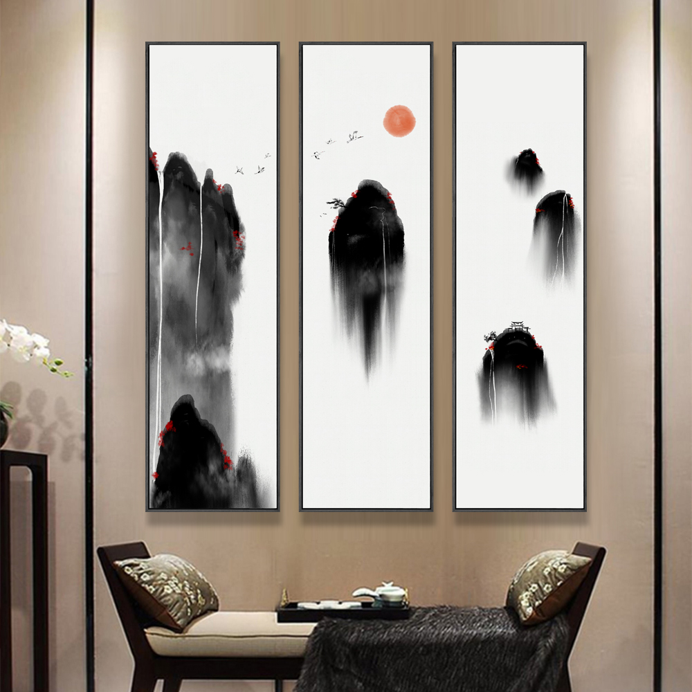 中式抽象水墨中国风三联条屏挂画