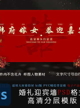 婚礼背景喷绘KT版新中式红底签到墙迎宾墙PSD嫁女模版设计素材