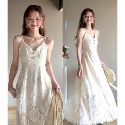 海边度假风V领蕾丝吊带连衣裙女2026夏季桔梗法式气质仙女长裙