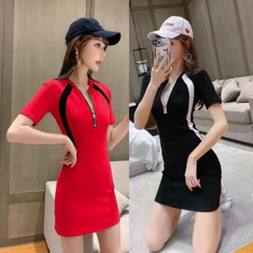短袖T桖裙气质女神范衣服性感连衣裙夏2025新款V领修身包臀短裙女