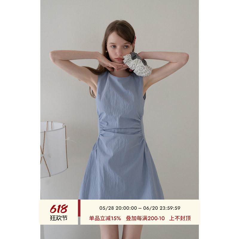 EGGKA法式蓝色收腰显瘦a版连衣裙女2025夏季圆领A字气质背心短裙