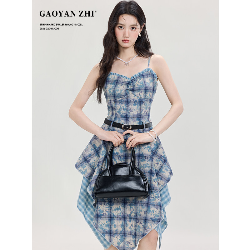 高妍知美式蓝色扎染格子吊带连衣裙女夏季新款气质不规则中长裙子