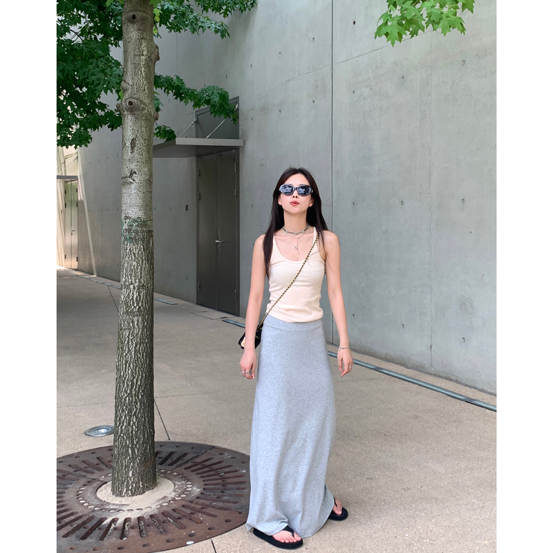 ThreeH 灰色裙子高腰a字半身长裙女2025新款显瘦气质垂感包臀裙薄