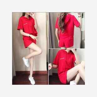 女寬松連帽短袖 兩件套潮流 韓版 夏季 休閑運(yùn)動(dòng)服套裝 時(shí)尚 新款 短褲