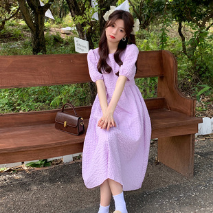 紫色甜美少女温柔小白裙法式 初恋云朵连衣裙女2025夏季 褶皱长裙子