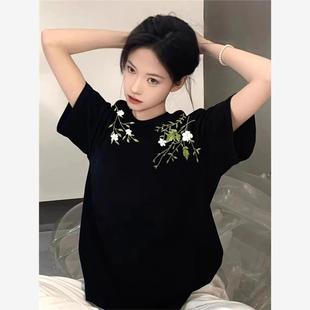 美式 上衣服 黑色纯棉短袖 t恤女夏2025学生宽松慵懒风oversize半袖