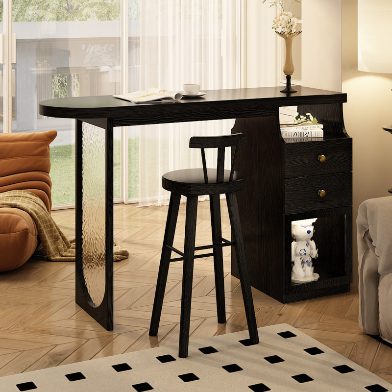 简约现代实木吧台桌椅组合小户型客厅家用靠墙高脚桌岛台餐桌一体