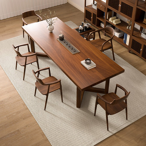 新中式茶桌高端南美胡桃木茶台实木泡茶桌办公室高级感茶桌椅组合