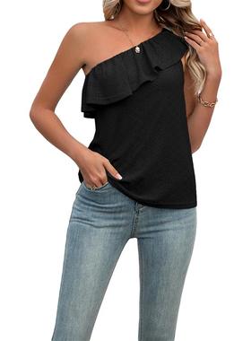 Ruffled sloping shoulder minimalist top荷叶边斜肩简约上衣