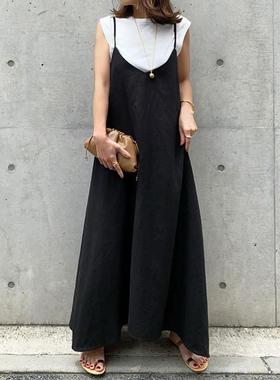 日系宽松V领黑色吊带长裙2022春夏新款无袖大摆气质A字过膝连衣裙