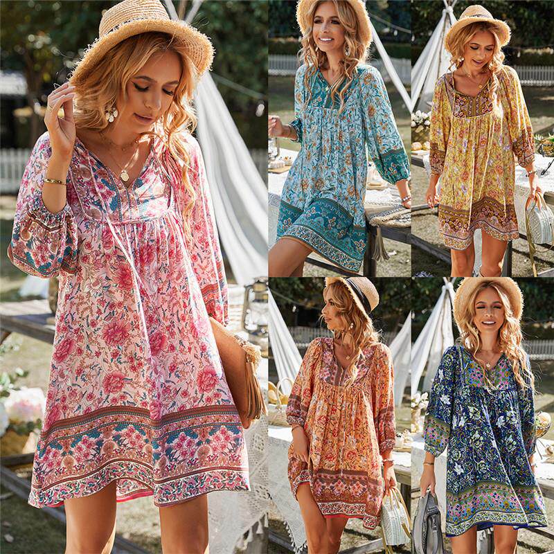 Spring print V-neck loose women short dresses 人棉连衣裙短裙