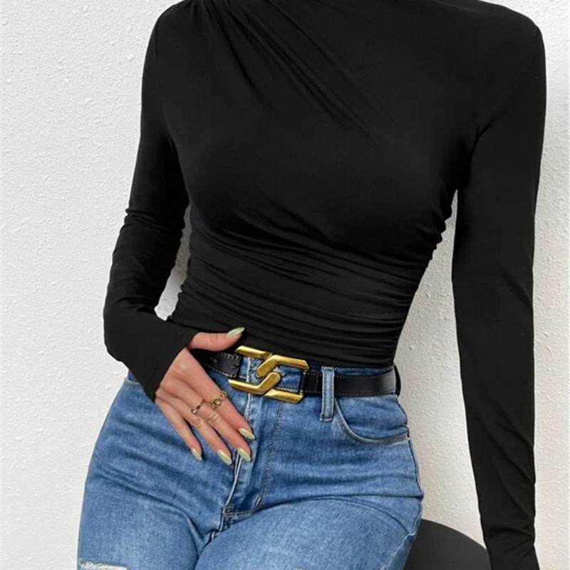 Womens solid color pleated long sleeved T-shirt top女士上衣