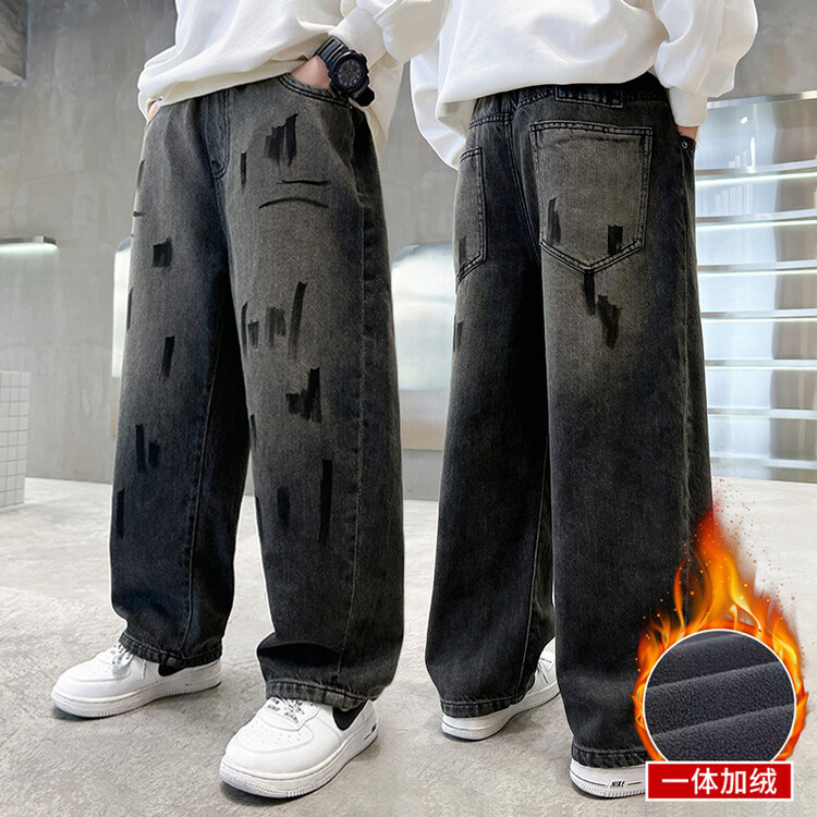 男童加绒裤子新款中大童炸街宽松牛仔裤儿童时髦秋冬保暖裤子