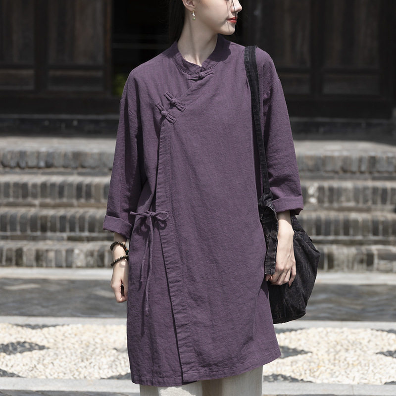 秋季苎麻盘扣偏襟中式禅茶服女