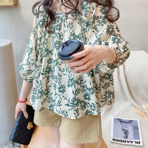 夏装新款大码女装宽松灯笼袖碎花棉麻衬衫娃娃衫上衣M-XL斤