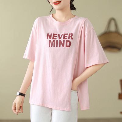 大码开叉短袖t恤设计感小不规则宽松显瘦印花上衣M4XL200斤