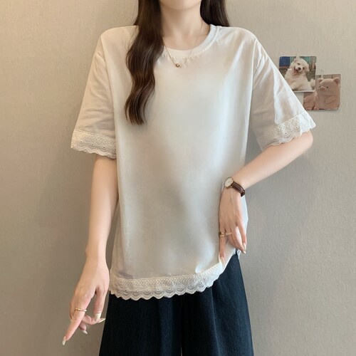 夏装大码女装气质蕾丝花边圆领短袖t恤宽松上衣M XL斤