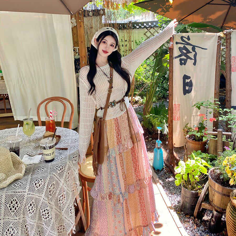 大码女装波西米亚风荷叶边拼接半身裙长袖镂空显瘦上衣套装