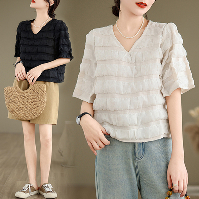 夏季新款大码女装设计感小众V领褶皱泡泡袖上衣M-4XL200斤