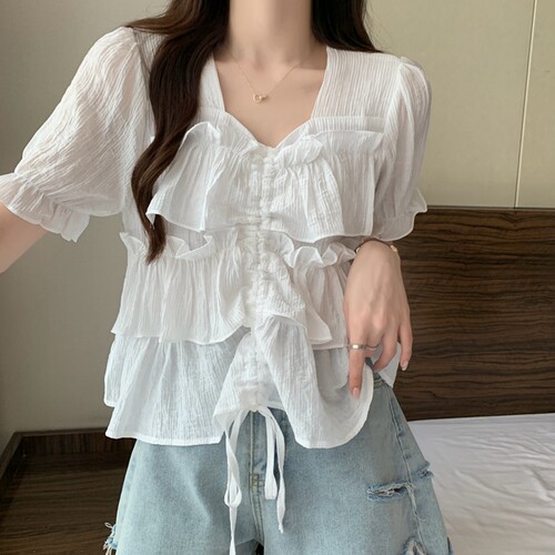 夏装胖妹妹大码高级感荷叶边抽绳显柔美短袖衬衣M-XL斤