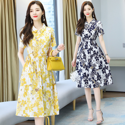 夏季新款复古碎花连衣裙女夏宽松翻领短袖系带长款裙子夏