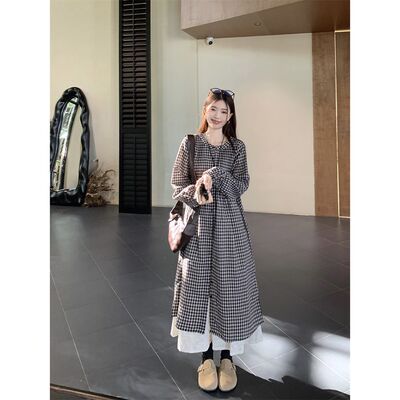春装新款大码女装日系慵懒风格子衬衫连衣裙简约上衣M-XL斤