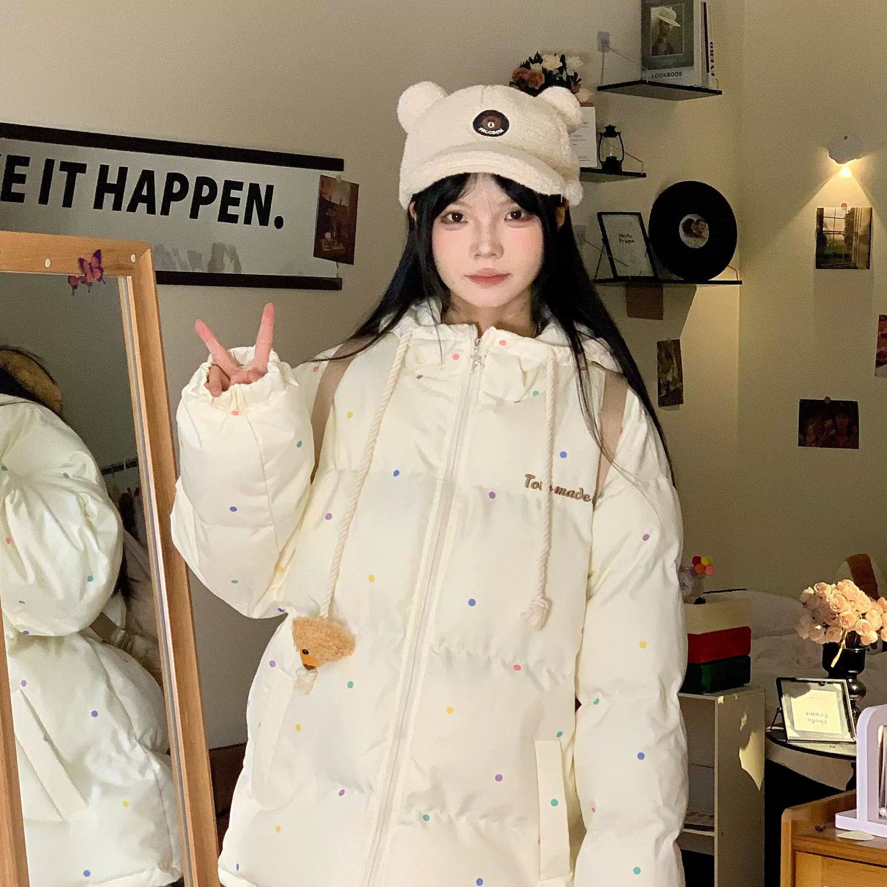 可爱波点立体小熊立领棉服秋冬2025新款宽松加厚保暖棉衣面包服