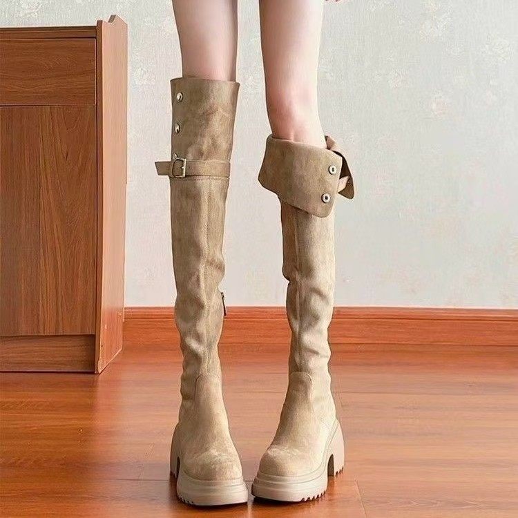 8CM厚底过膝长靴女2025秋冬美拉德两穿翻折长筒靴小个子高筒靴子,女鞋,骑士靴,淘宝优惠券,粉丝福利购,淘宝优惠卷