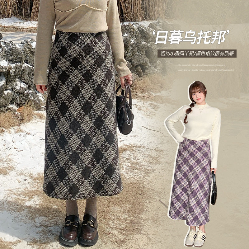 65106丨高腰撞色粗纺格纹A字半身裙冬胖mm大码女装加厚遮肉显瘦裙