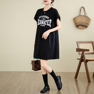 夏装大码女装宽松印花T恤设计感收腰显瘦连衣裙M4XL200斤