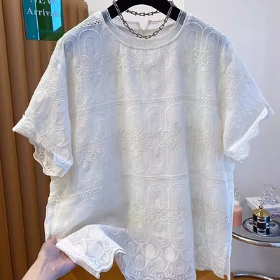 欧货大码女装蕾丝提花短袖t恤夏季新款宽松显瘦洋气小衫罩衫上衣