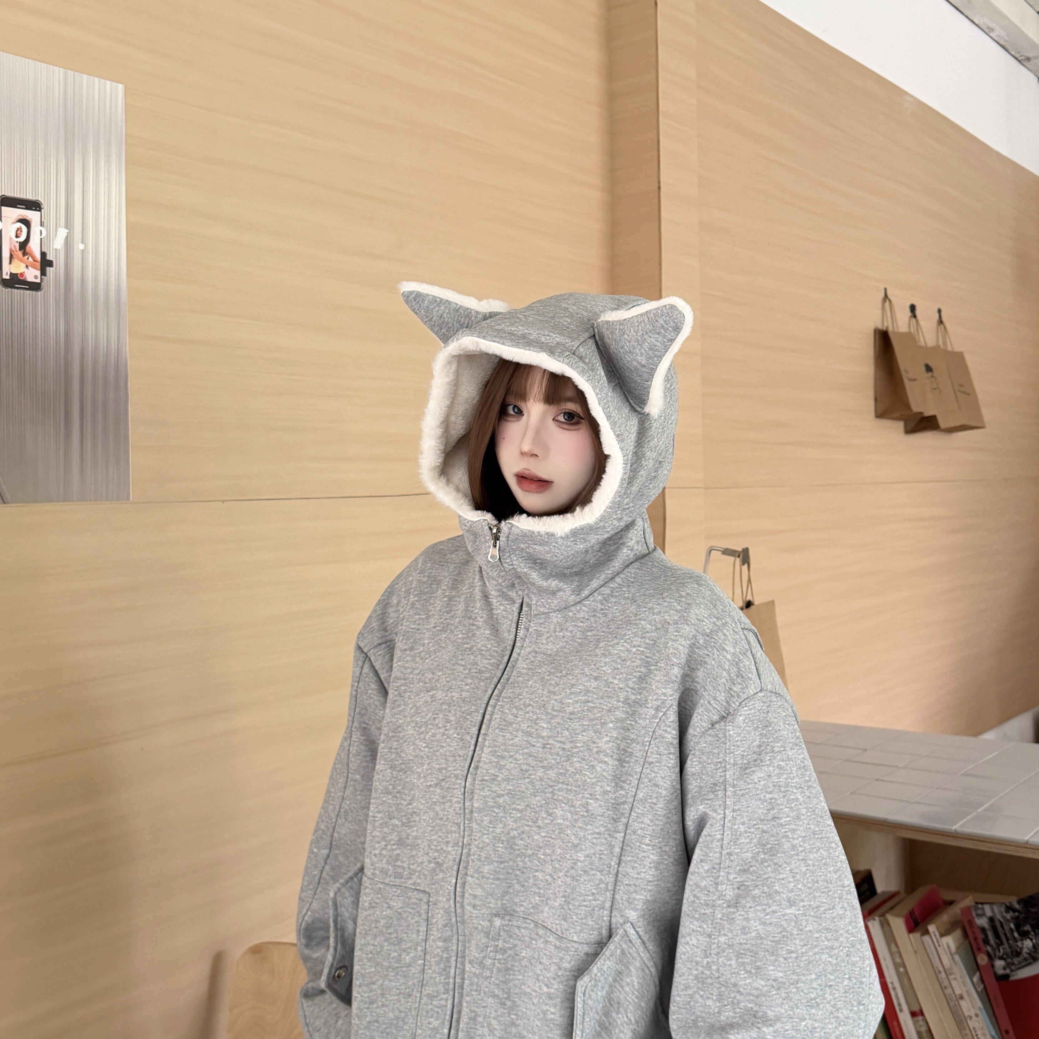 实拍美式双面穿座山雕杜宾犬耳朵连帽卫衣外套冬季加绒保暖棉服潮