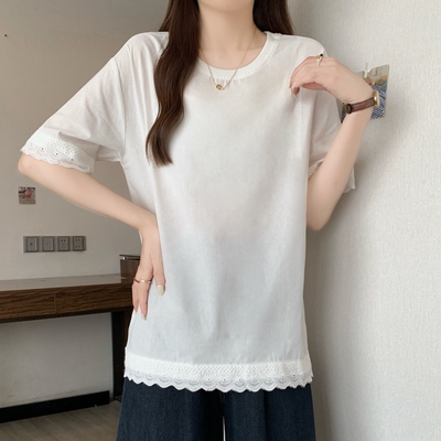 夏装大码女装气质蕾丝花边圆领短袖t恤宽松上衣M4XL200斤