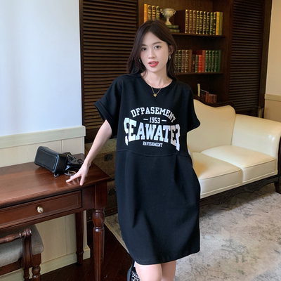 夏装大码女装宽松印花T恤设计感收腰显瘦字母连衣裙女M4XL200斤