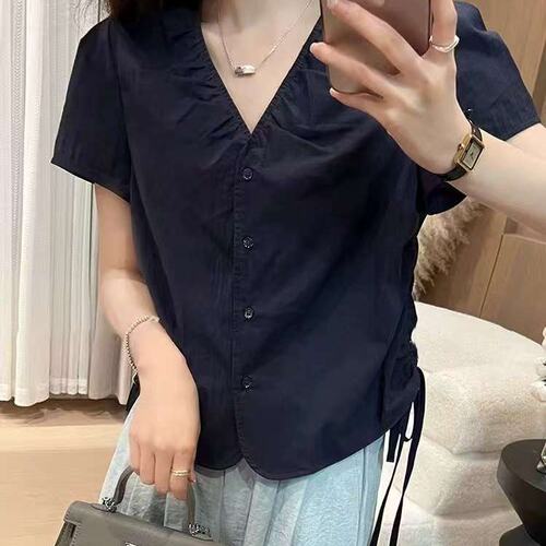 夏装新款大码夜岩上衣法式温柔风淑女抽绳褶皱v领上衣M-XL斤